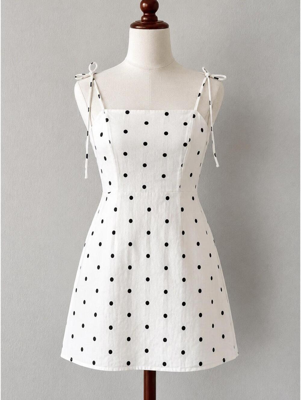 White Black Polka Dot Linen Blend Mini , Tie Strap Pockets Cottagecore Size  XS.